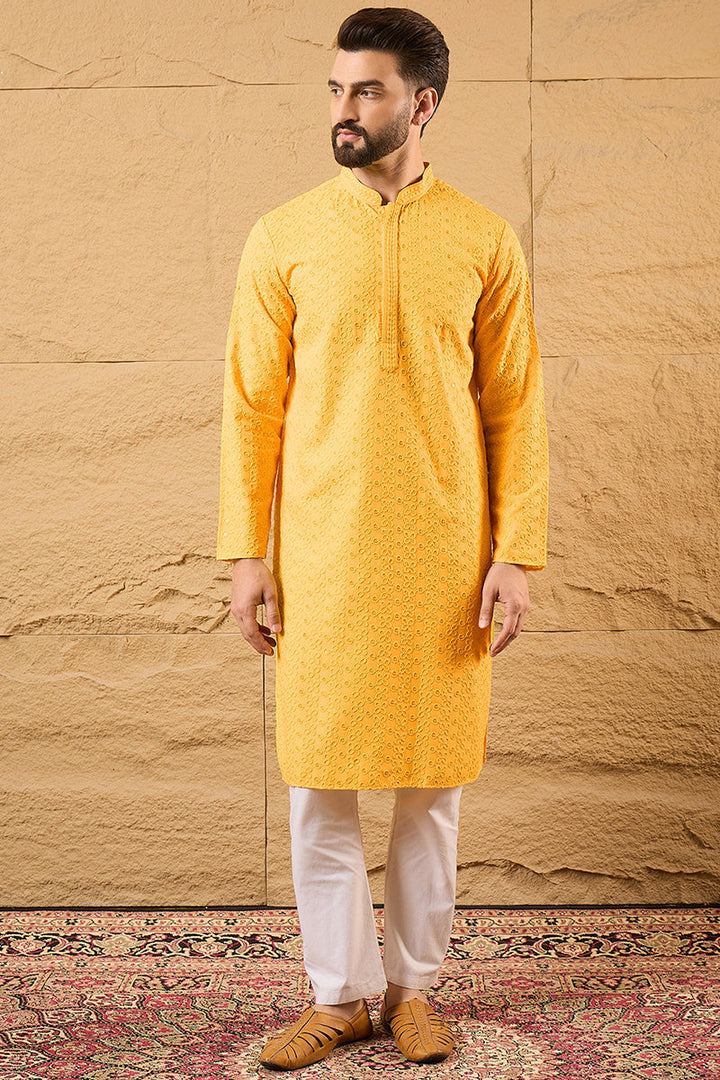 Yellow Viscose Rayon Solid Embroidered Straight Kurta with Trouser  | SHOBITAM