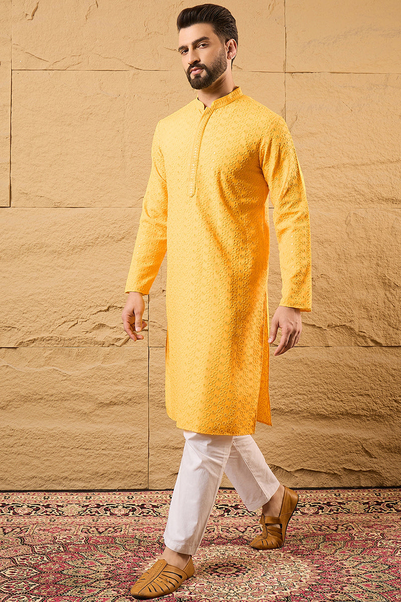 Yellow Viscose Rayon Solid Embroidered Straight Kurta with Trouser  | SHOBITAM