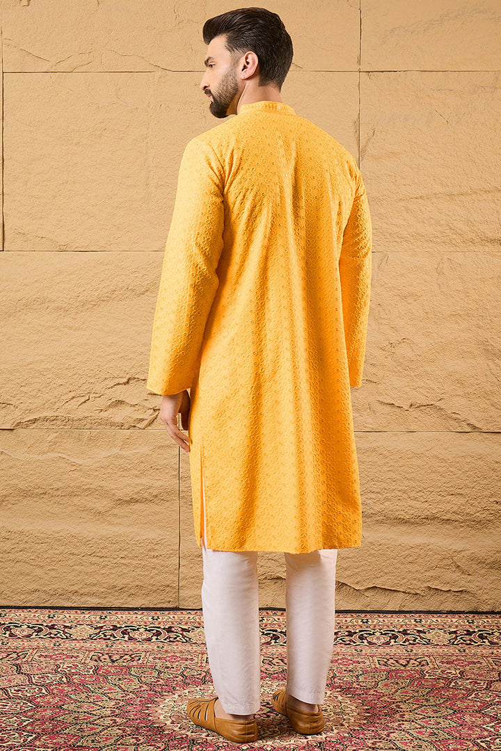 Yellow Viscose Rayon Solid Embroidered Straight Kurta with Trouser  | SHOBITAM