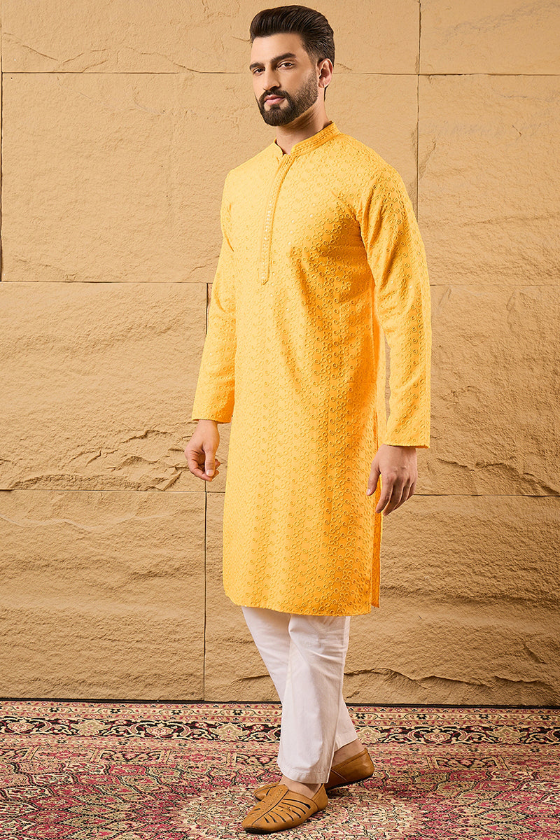 Yellow Viscose Rayon Solid Embroidered Straight Kurta with Trouser  | SHOBITAM