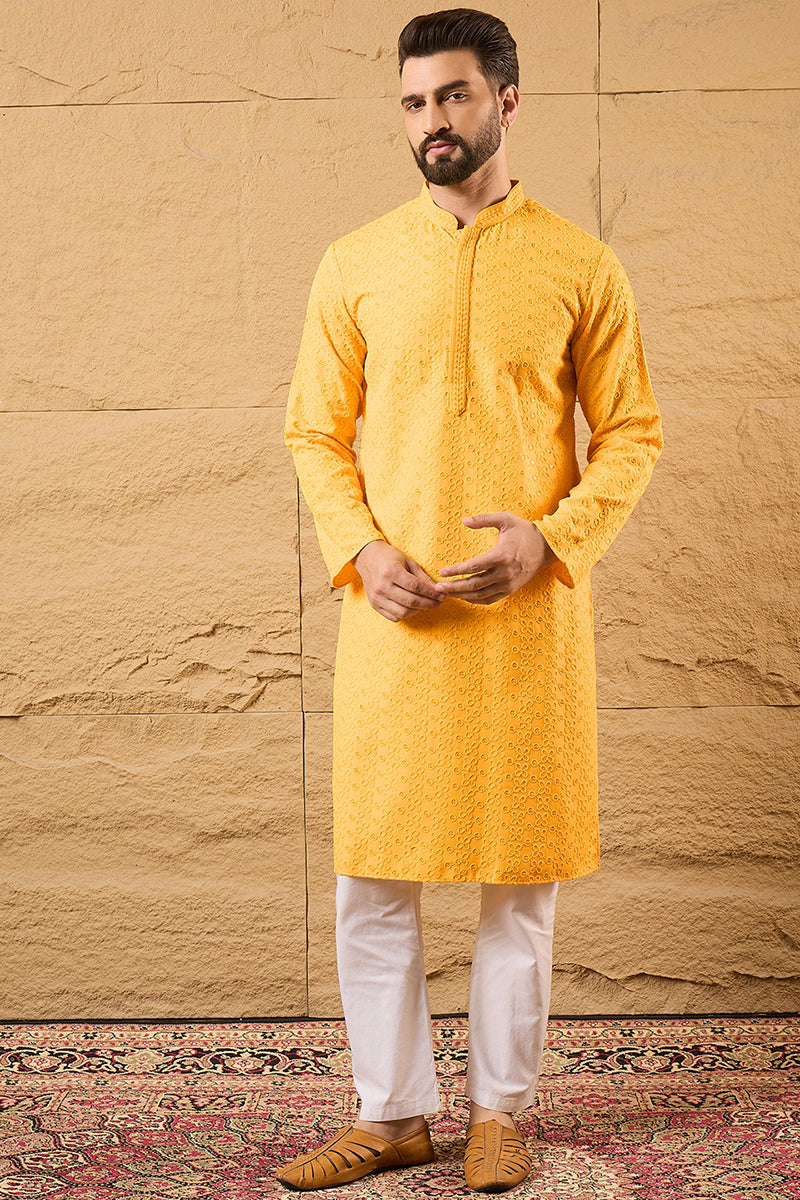 Yellow Viscose Rayon Solid Embroidered Straight Kurta with Trouser  | SHOBITAM
