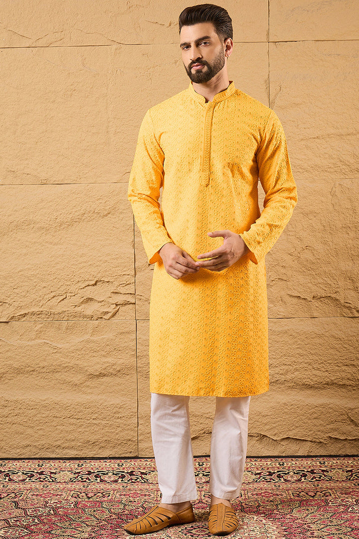 Yellow Viscose Rayon Solid Embroidered Straight Kurta with Trouser  | SHOBITAM