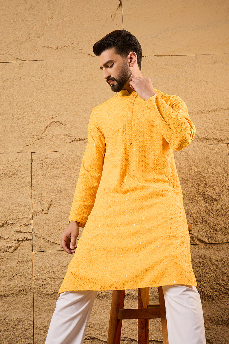 Yellow Viscose Rayon Solid Embroidered Straight Kurta with Trouser  | SHOBITAM