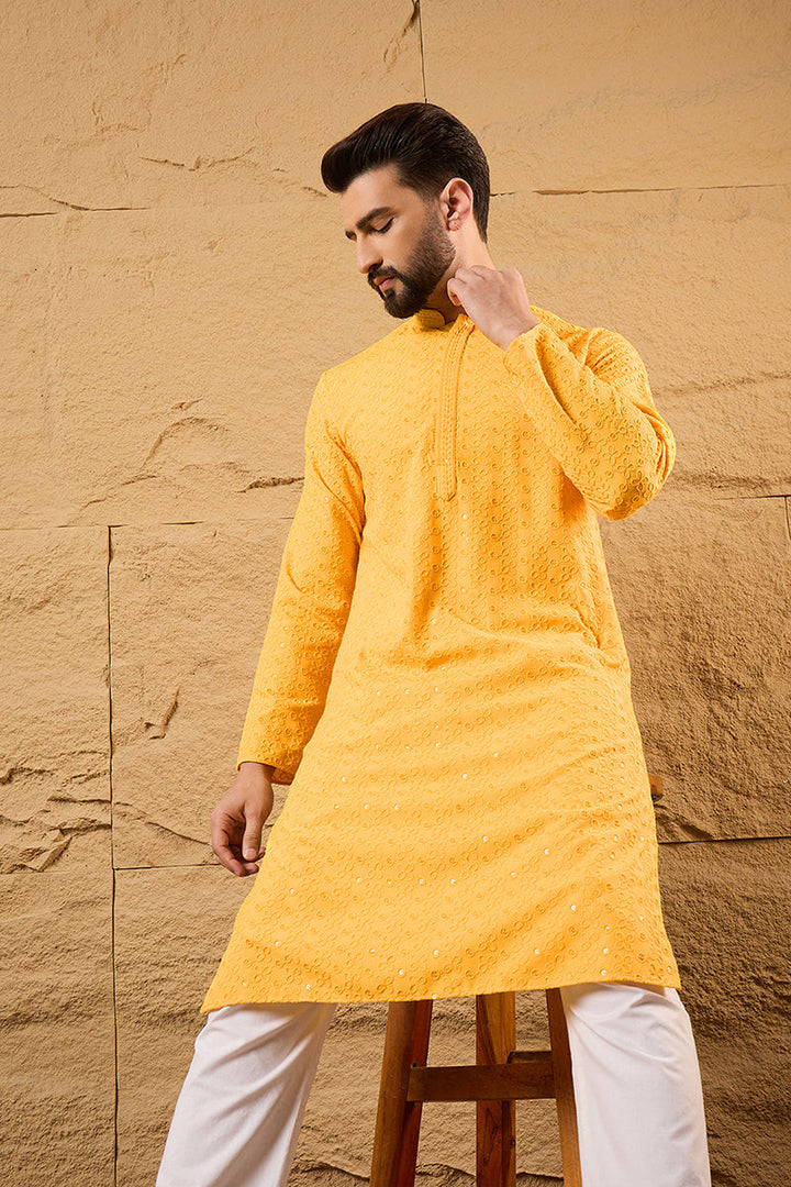 Yellow Viscose Rayon Solid Embroidered Straight Kurta with Trouser  | SHOBITAM