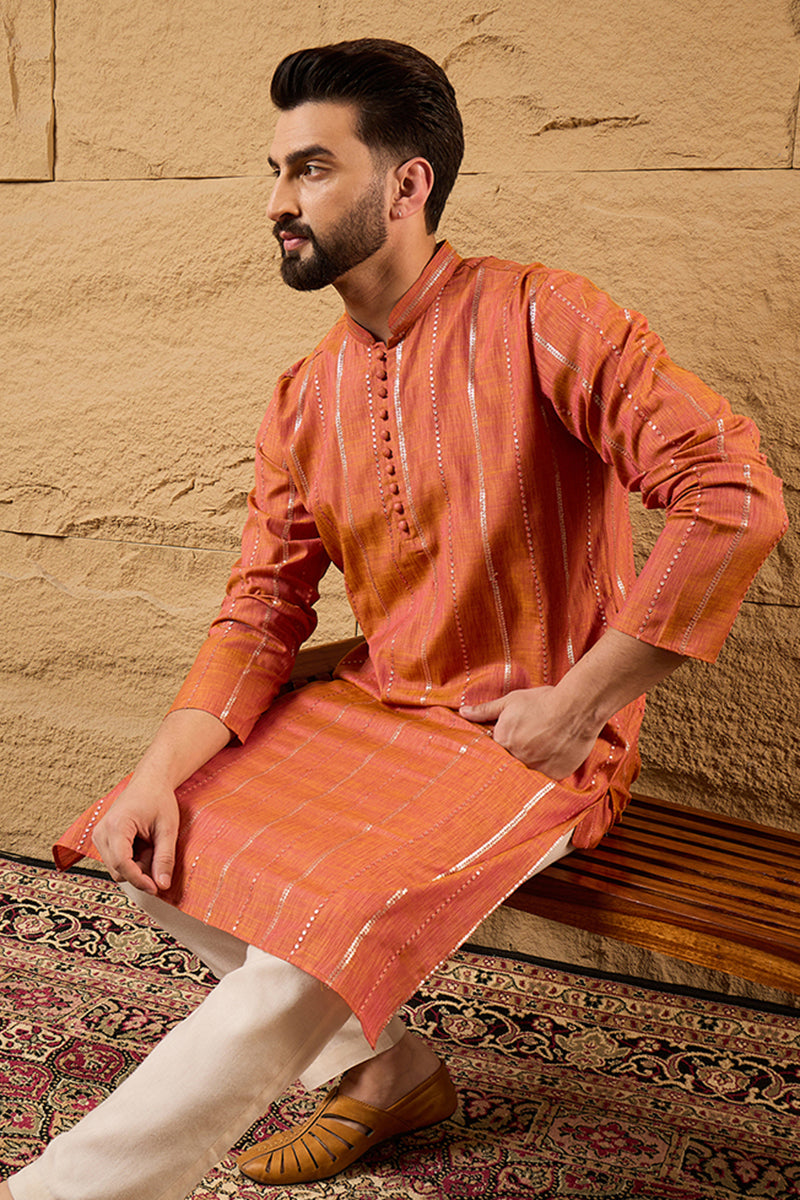 Orange Pure Cotton Solid Embroidered Straight Kurta with Trouser | SHOBITAM