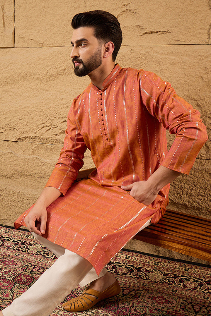 Orange Pure Cotton Solid Embroidered Straight Kurta with Trouser | SHOBITAM