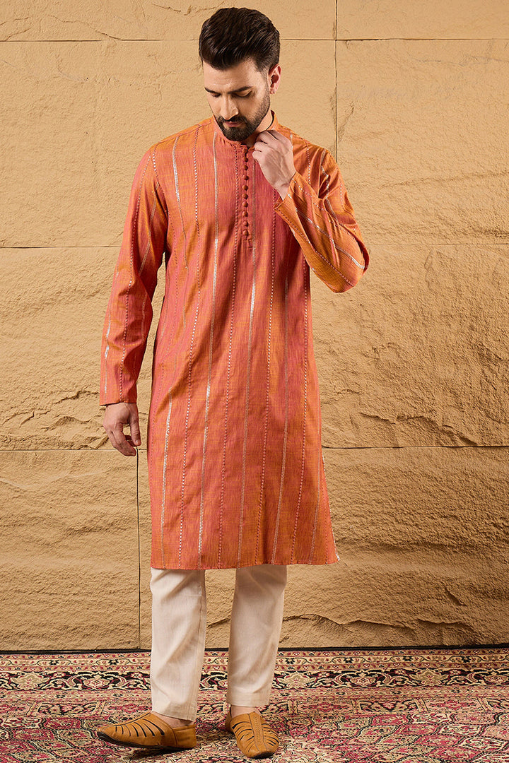 Orange Pure Cotton Solid Embroidered Straight Kurta with Trouser | SHOBITAM