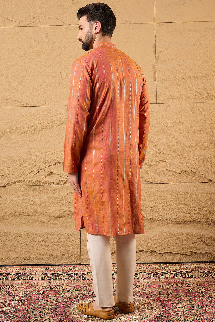 Orange Pure Cotton Solid Embroidered Straight Kurta with Trouser | SHOBITAM