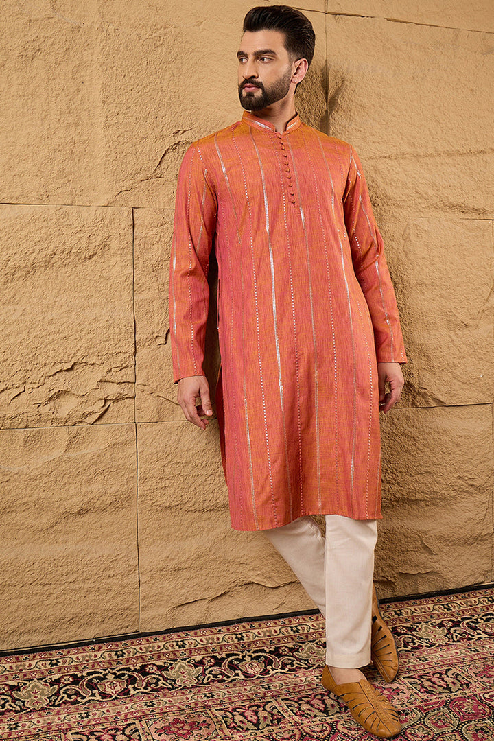 Orange Pure Cotton Solid Embroidered Straight Kurta with Trouser | SHOBITAM