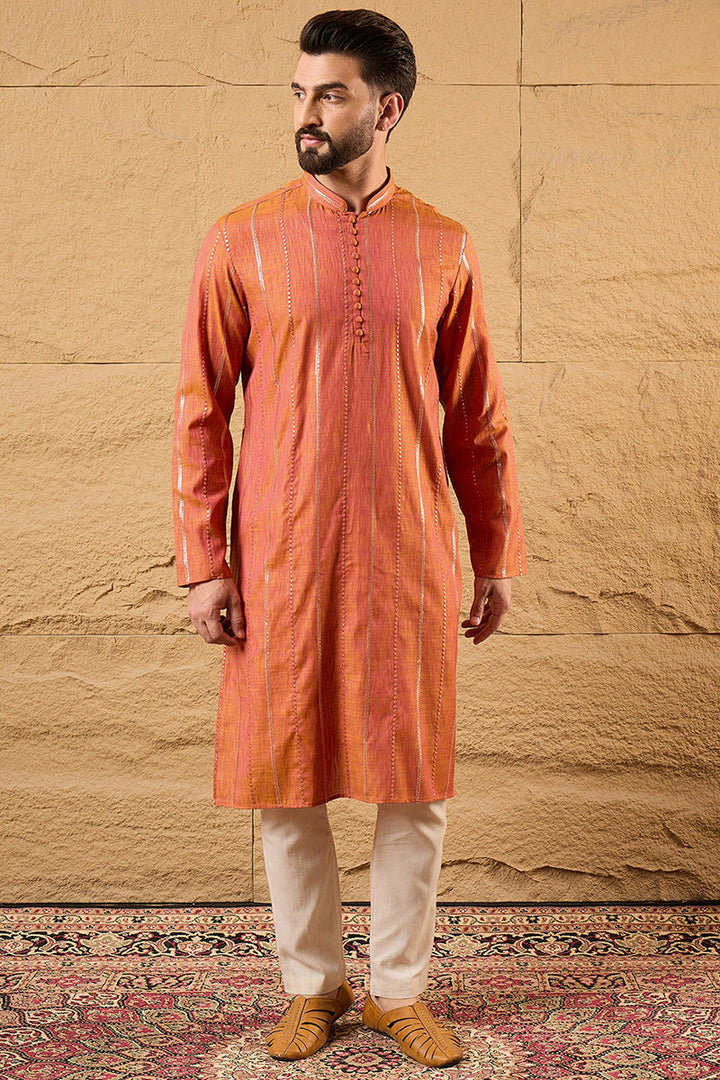 Orange Pure Cotton Solid Embroidered Straight Kurta with Trouser | SHOBITAM