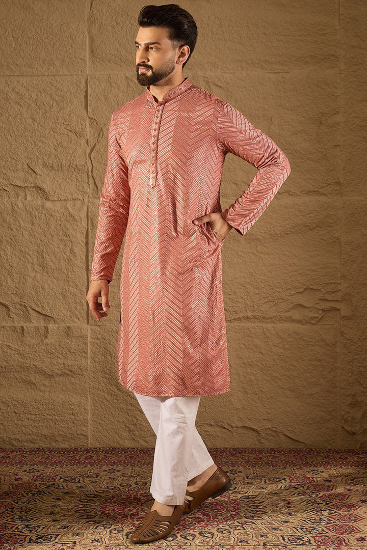 Pink Viscose Rayon Solid Embroidered Straight Kurta with Trousers | SHOBITAM