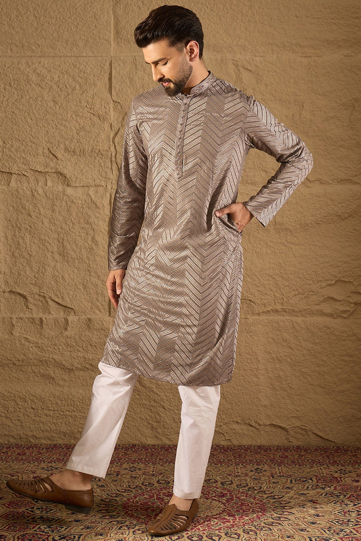 Grey Viscose Rayon Solid Embroidered Straight Kurta with Trousers | SHOBITAM