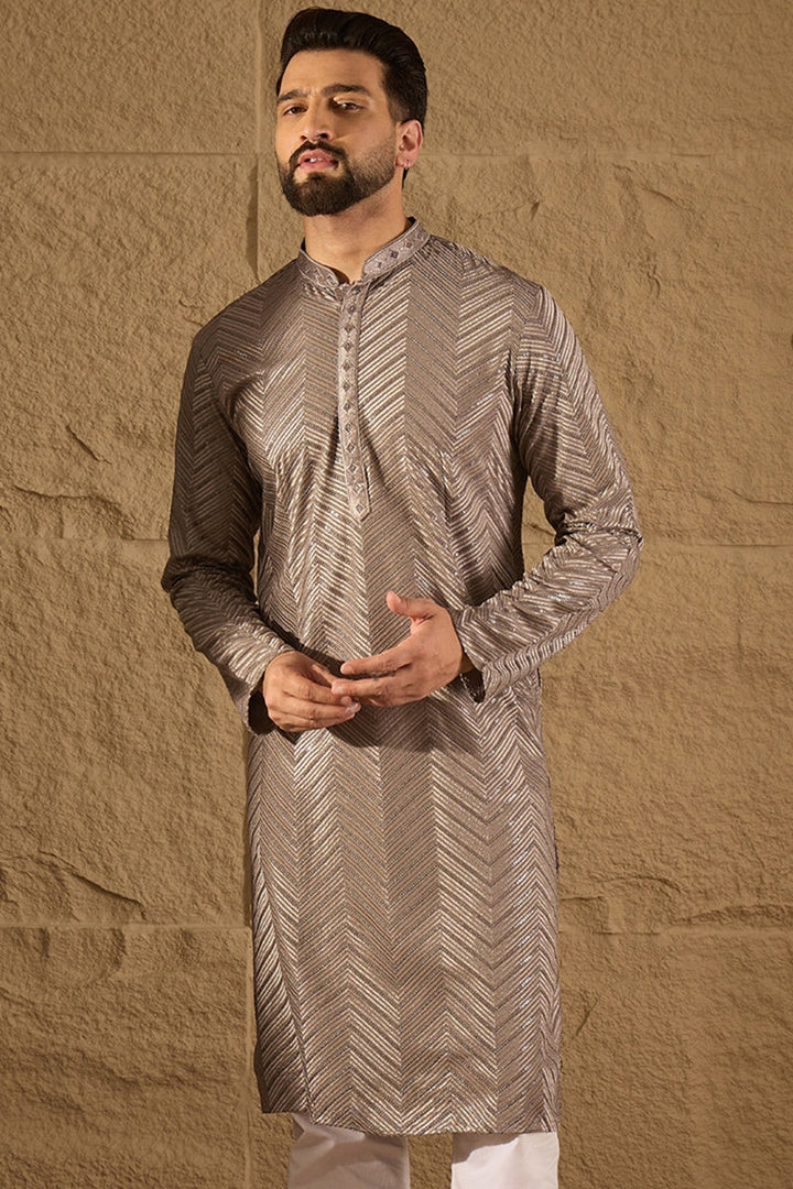 Grey Viscose Rayon Solid Embroidered Straight Kurta with Trousers | SHOBITAM
