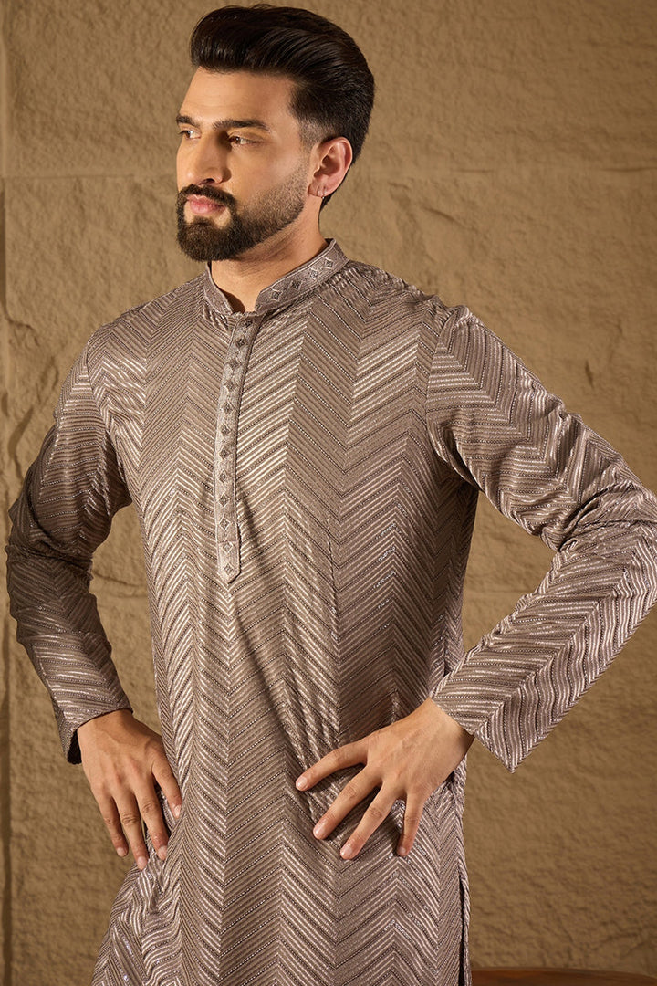 Grey Viscose Rayon Solid Embroidered Straight Kurta with Trousers | SHOBITAM