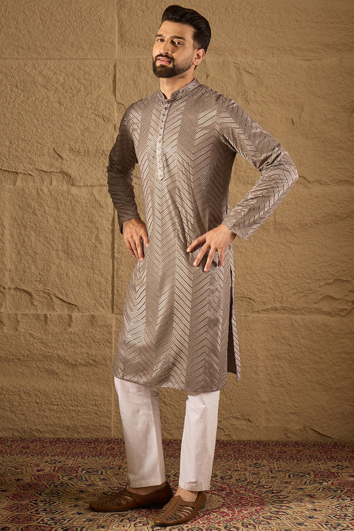 Grey Viscose Rayon Solid Embroidered Straight Kurta with Trousers | SHOBITAM