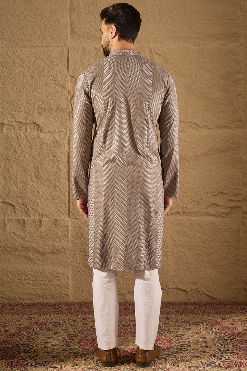 Grey Viscose Rayon Solid Embroidered Straight Kurta with Trousers | SHOBITAM