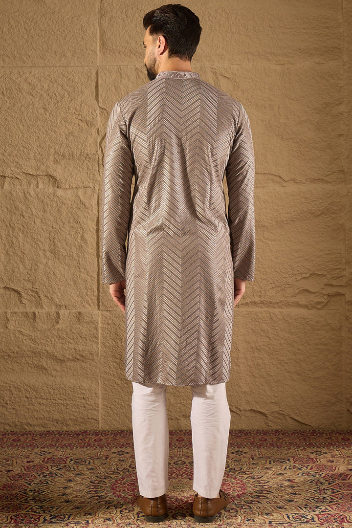 Grey Viscose Rayon Solid Embroidered Straight Kurta with Trousers | SHOBITAM