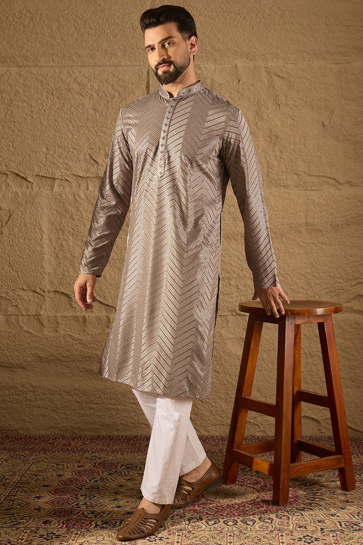 Grey Viscose Rayon Solid Embroidered Straight Kurta with Trousers | SHOBITAM