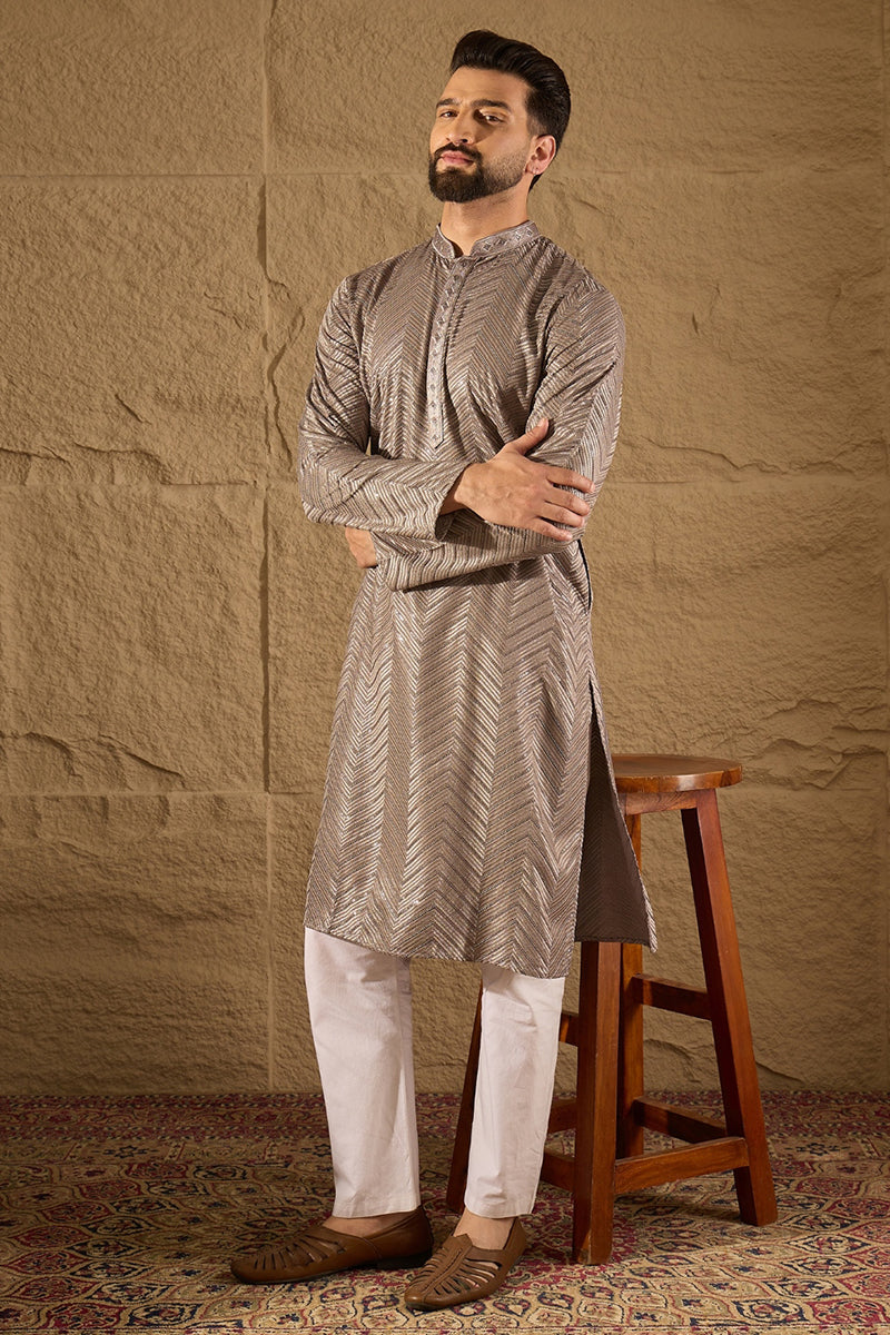 Grey Viscose Rayon Solid Embroidered Straight Kurta with Trousers | SHOBITAM