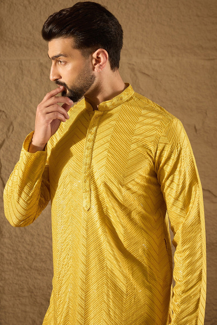 Yellow Viscose Rayon Solid Embroidered Straight Kurta with Trouser  | SHOBITAM
