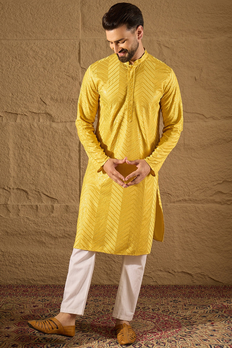 Yellow Viscose Rayon Solid Embroidered Straight Kurta with Trouser  | SHOBITAM