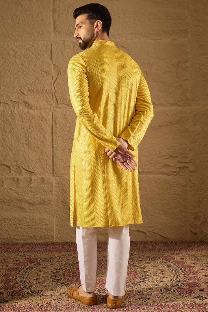 Yellow Viscose Rayon Solid Embroidered Straight Kurta with Trouser  | SHOBITAM