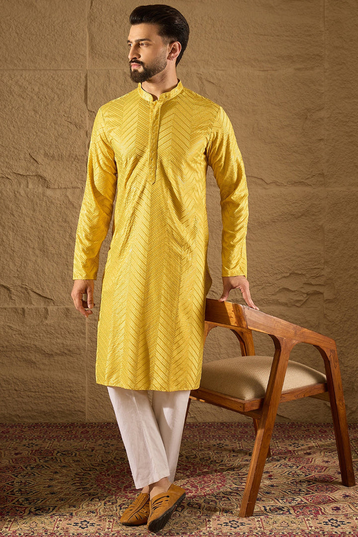 Yellow Viscose Rayon Solid Embroidered Straight Kurta with Trouser  | SHOBITAM