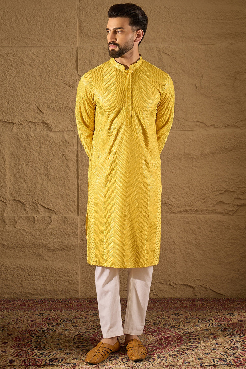 Yellow Viscose Rayon Solid Embroidered Straight Kurta with Trouser  | SHOBITAM