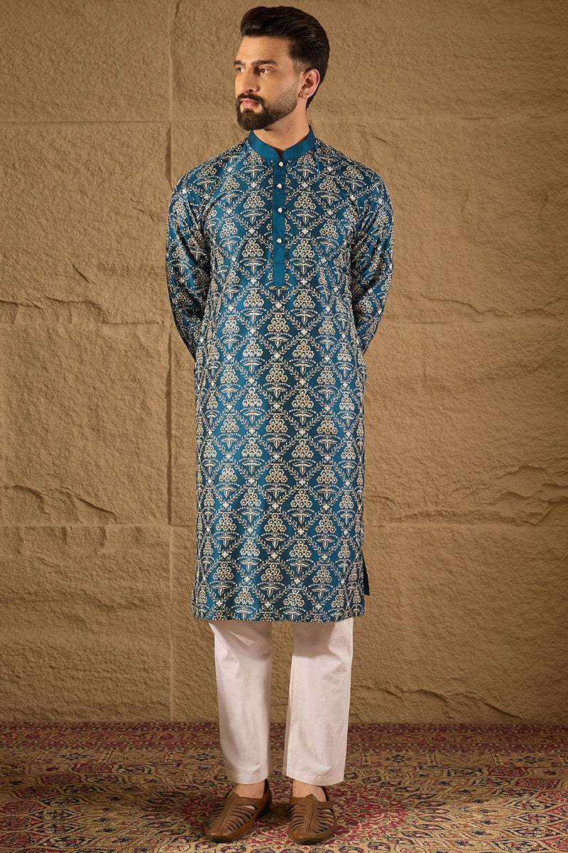 Blue Pure Silk Floral Printed Straight Kurta with Trouser | SHOBITAM