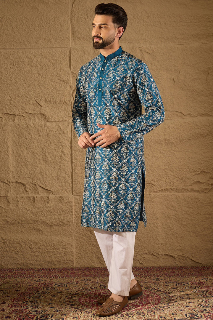 Blue Pure Silk Floral Printed Straight Kurta with Trouser | SHOBITAM