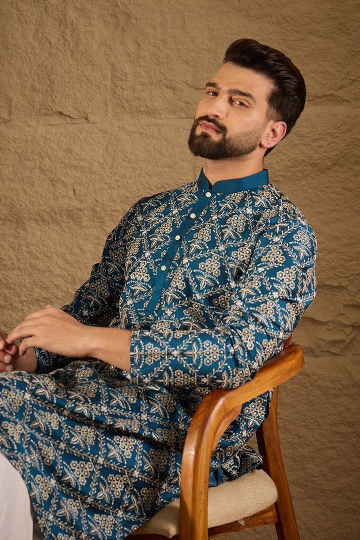 Blue Pure Silk Floral Printed Straight Kurta with Trouser | SHOBITAM