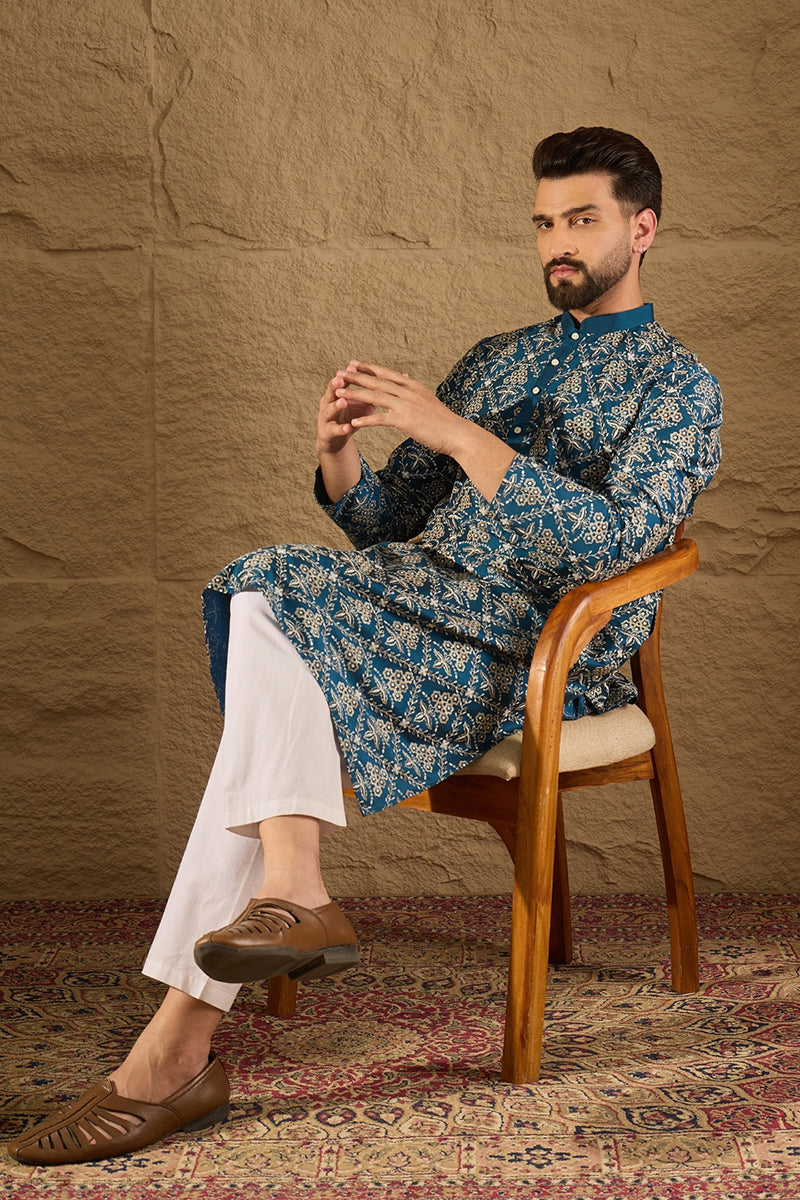 Blue Pure Silk Floral Printed Straight Kurta with Trouser | SHOBITAM