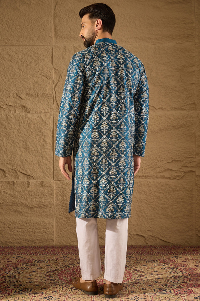 Blue Pure Silk Floral Printed Straight Kurta with Trouser | SHOBITAM