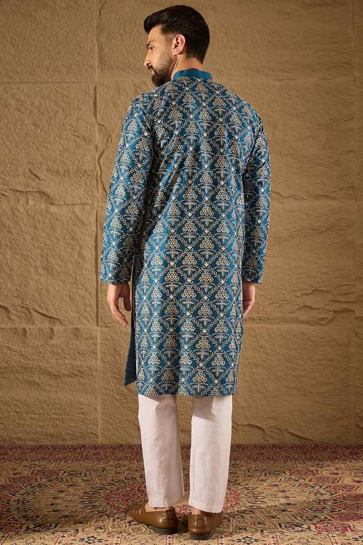 Blue Pure Silk Floral Printed Straight Kurta with Trouser | SHOBITAM