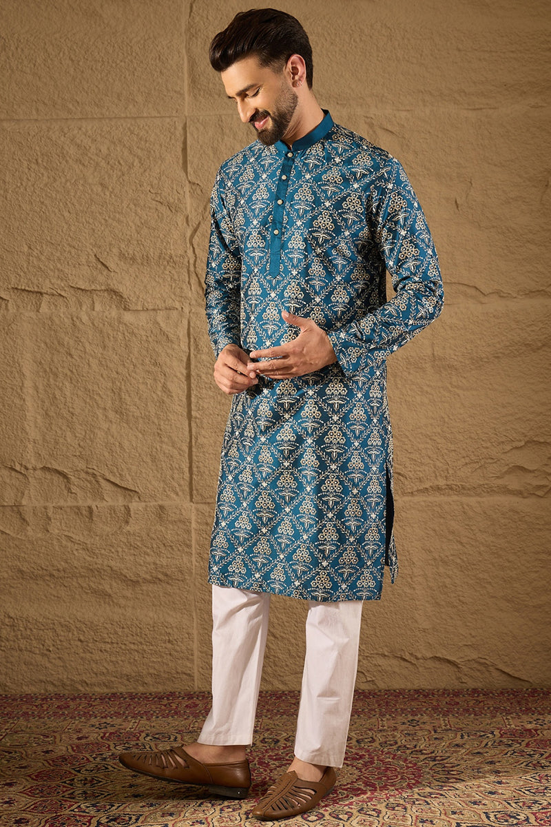 Blue Pure Silk Floral Printed Straight Kurta with Trouser | SHOBITAM