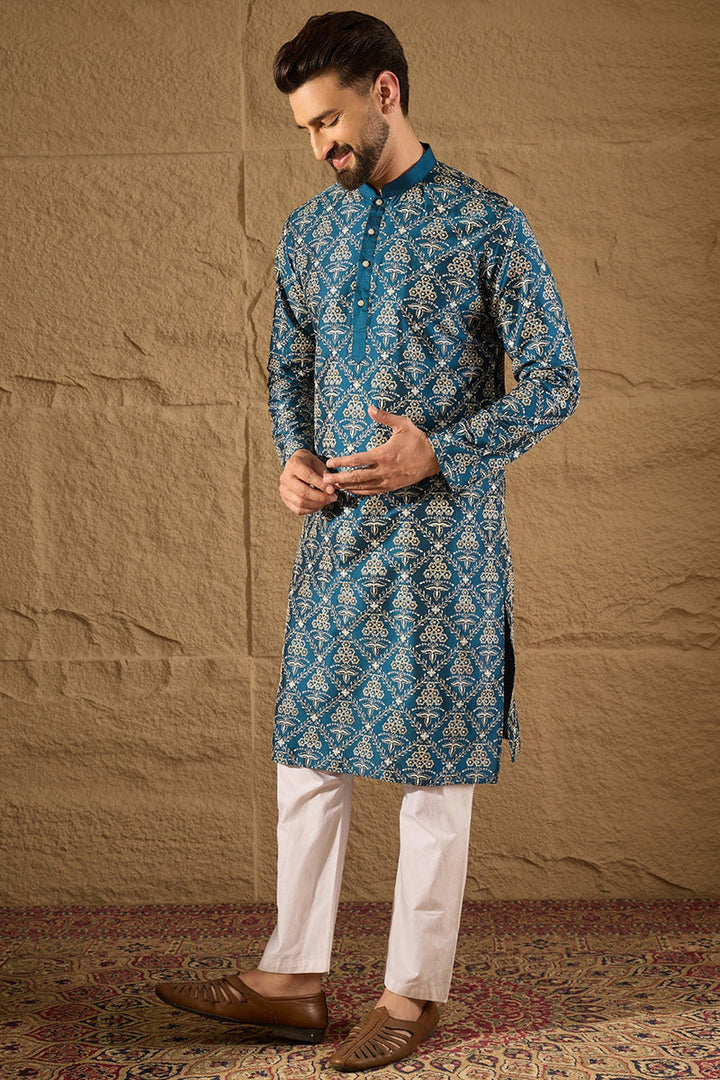 Blue Pure Silk Floral Printed Straight Kurta with Trouser | SHOBITAM