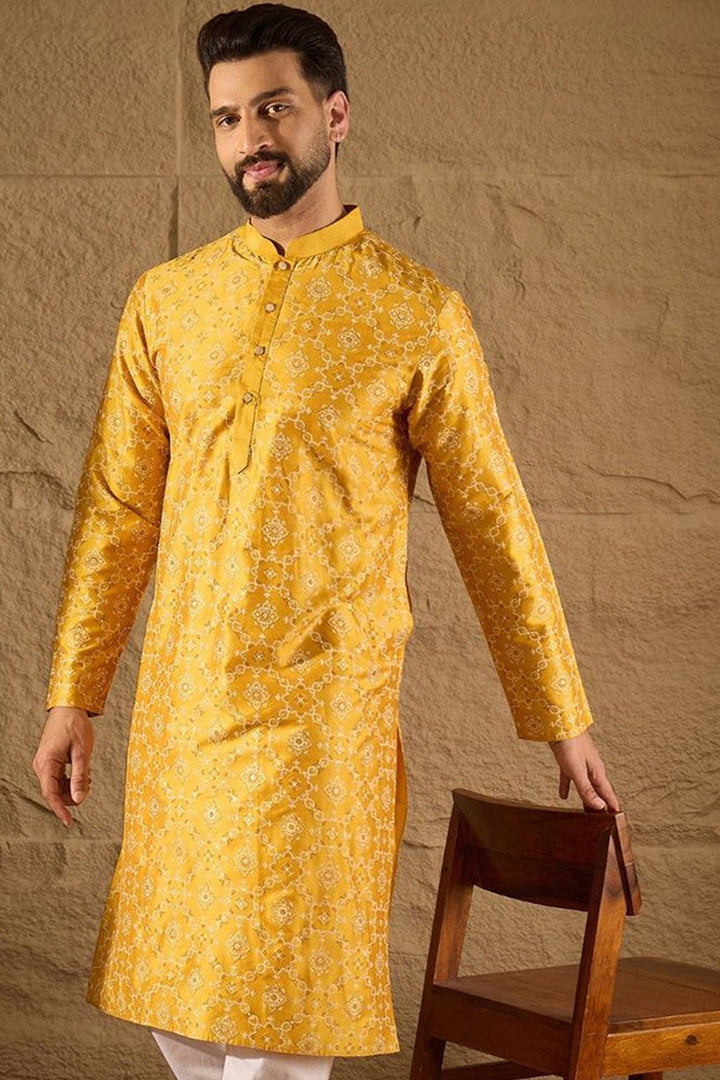 Yellow Pure Silk Geometric Printed Straight Kurta with Trousers | SHOBITAM