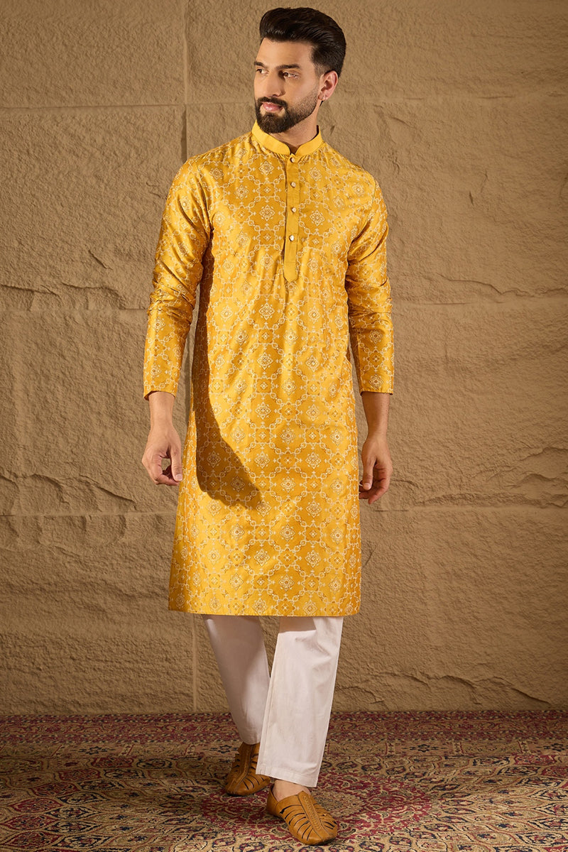 Yellow Pure Silk Geometric Printed Straight Kurta with Trousers | SHOBITAM