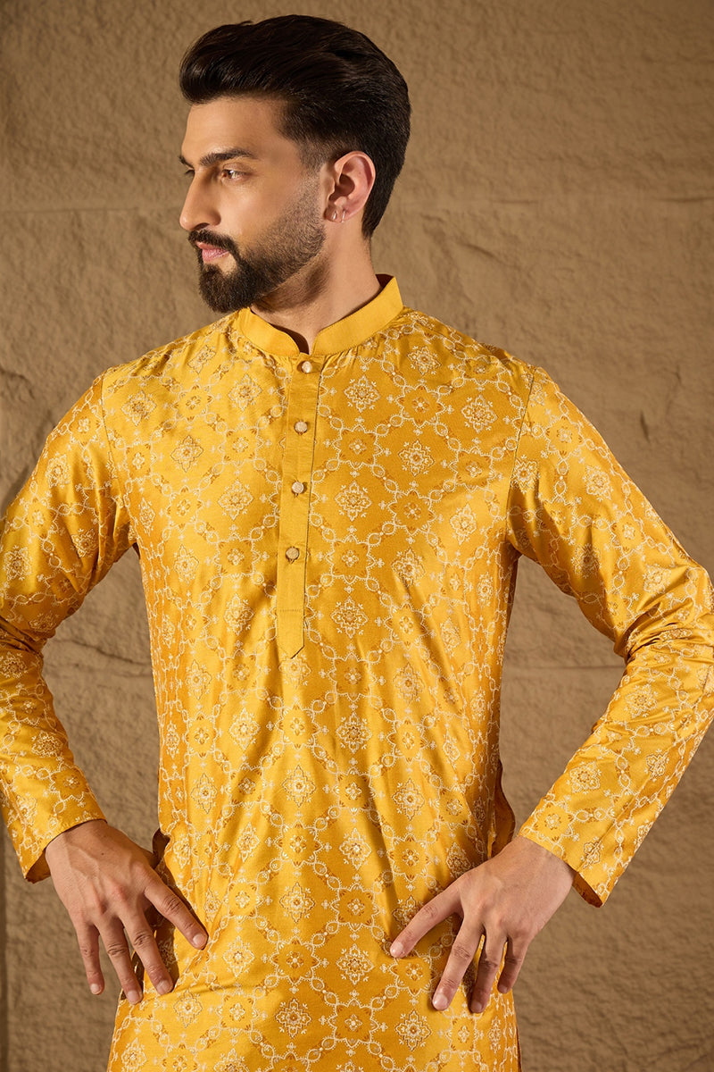 Yellow Pure Silk Geometric Printed Straight Kurta with Trousers | SHOBITAM