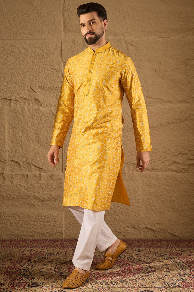 Yellow Pure Silk Geometric Printed Straight Kurta with Trousers | SHOBITAM