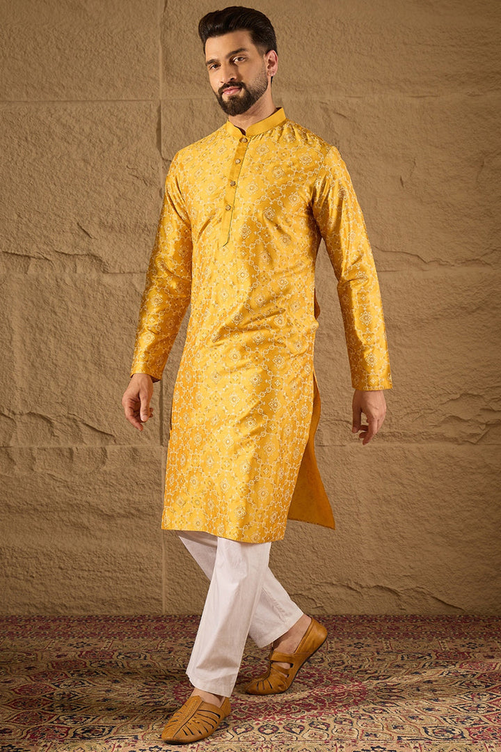 Yellow Pure Silk Geometric Printed Straight Kurta with Trousers | SHOBITAM