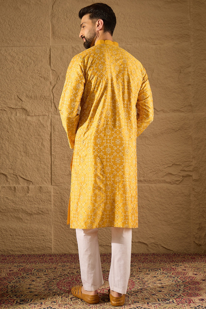 Yellow Pure Silk Geometric Printed Straight Kurta with Trousers | SHOBITAM