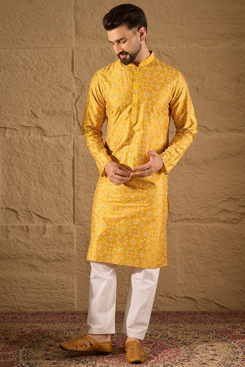 Yellow Pure Silk Geometric Printed Straight Kurta with Trousers | SHOBITAM