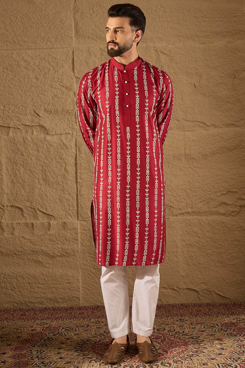 Maroon Viscose Rayon Ethnic Motifs Printed Straight Kurta with Trouser | SHOBITAM