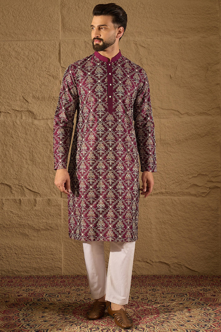 Purple Pure Silk Floral Printed Straight Kurta with Trouser | SHOBITAM