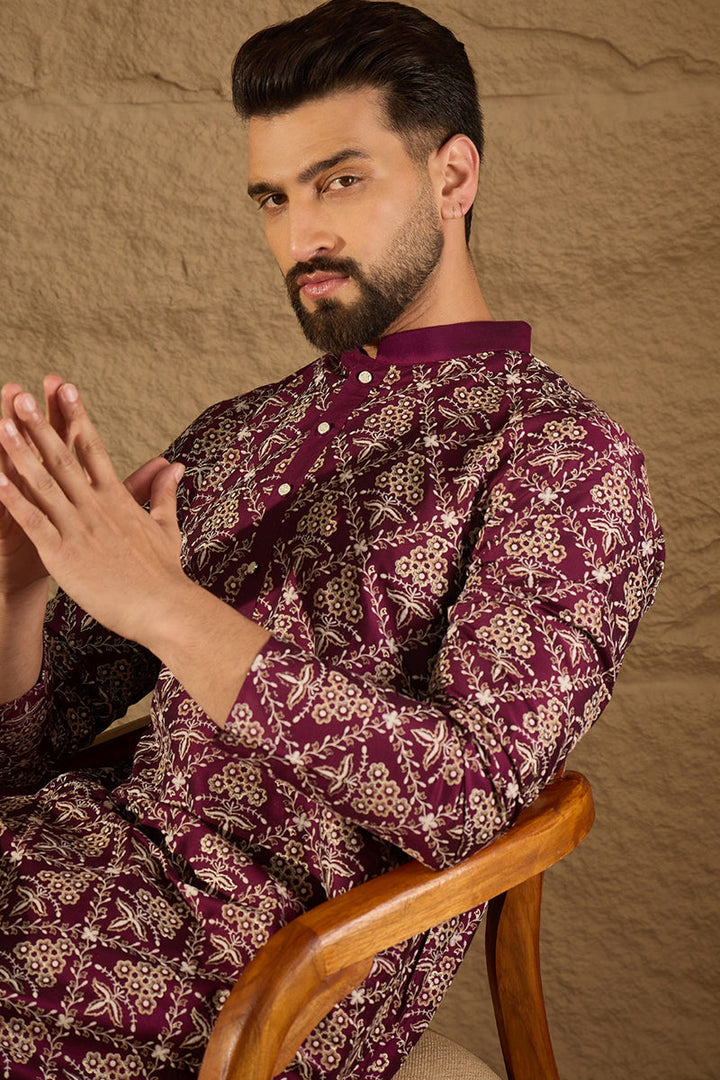 Purple Pure Silk Floral Printed Straight Kurta with Trouser | SHOBITAM