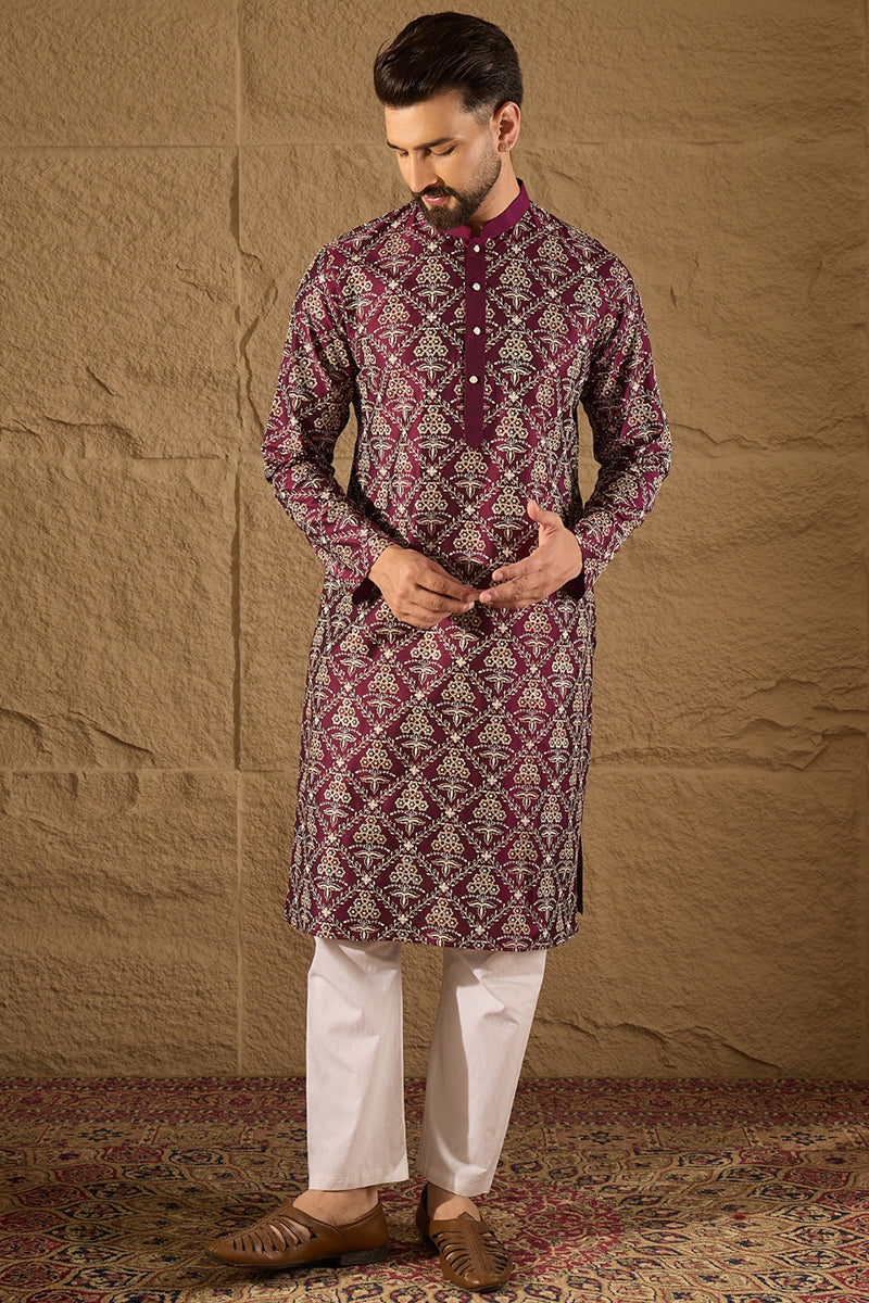 Purple Pure Silk Floral Printed Straight Kurta with Trouser | SHOBITAM