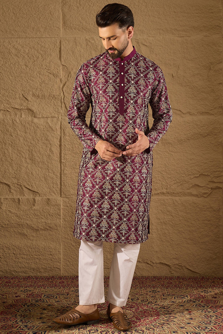 Purple Pure Silk Floral Printed Straight Kurta with Trouser | SHOBITAM