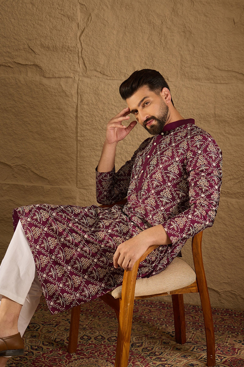 Purple Pure Silk Floral Printed Straight Kurta with Trouser | SHOBITAM