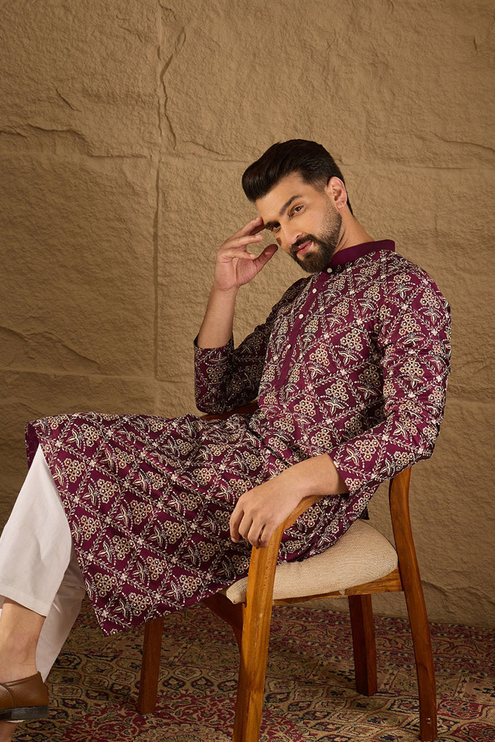 Purple Pure Silk Floral Printed Straight Kurta with Trouser | SHOBITAM